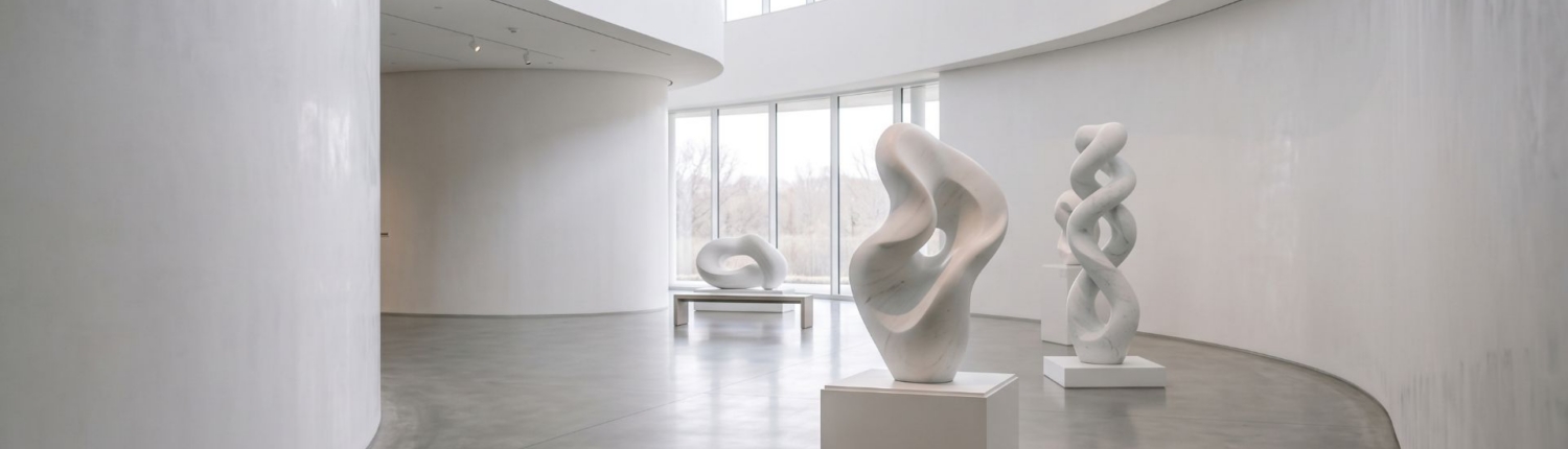 Sculture bianche astratte esposte in una galleria minimalista